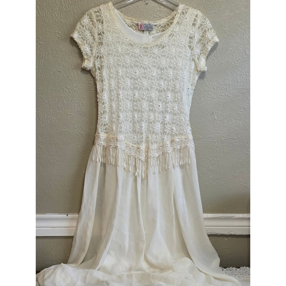 Sen Shi of California Vintage Ivory Lace Fringe Maxi Dress with Slip Made in USA